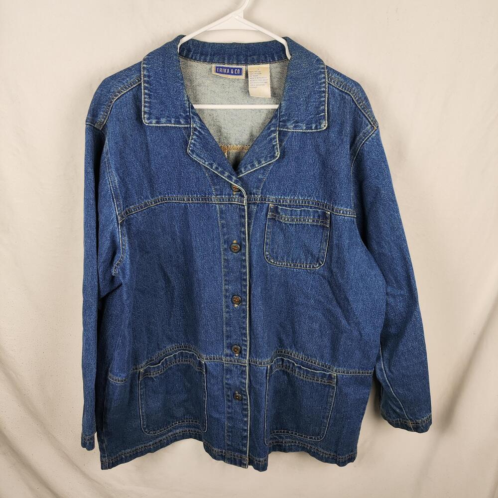 Erika & Co Denim Jacket Womens Large Blue Button Front Utility Pockets Casual
